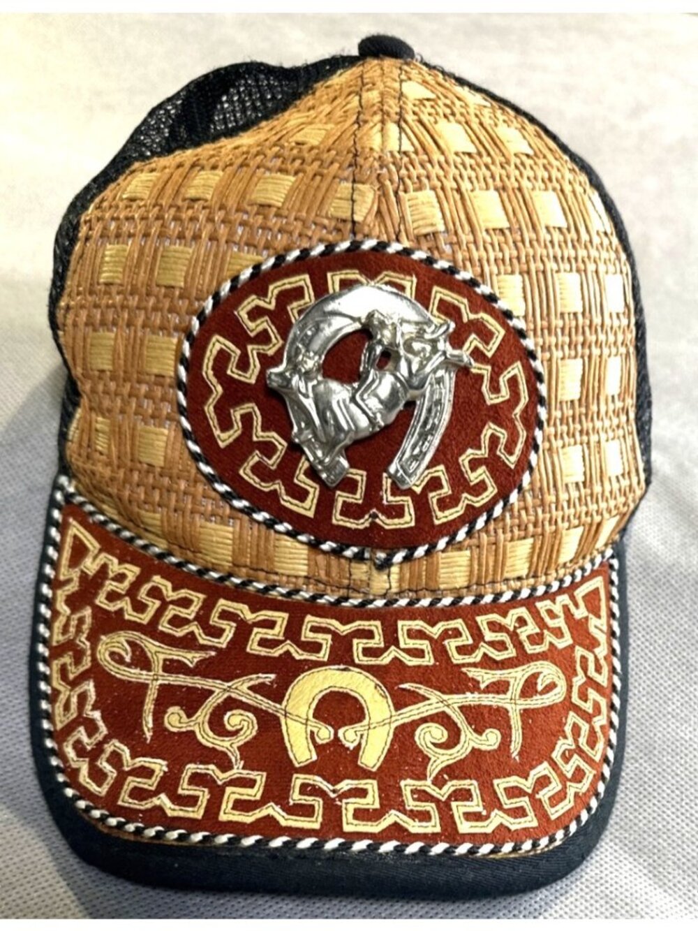 Handmade Straw & Mesh Trucker Cap With Intricate Embroidery & Metal Accent Adjus